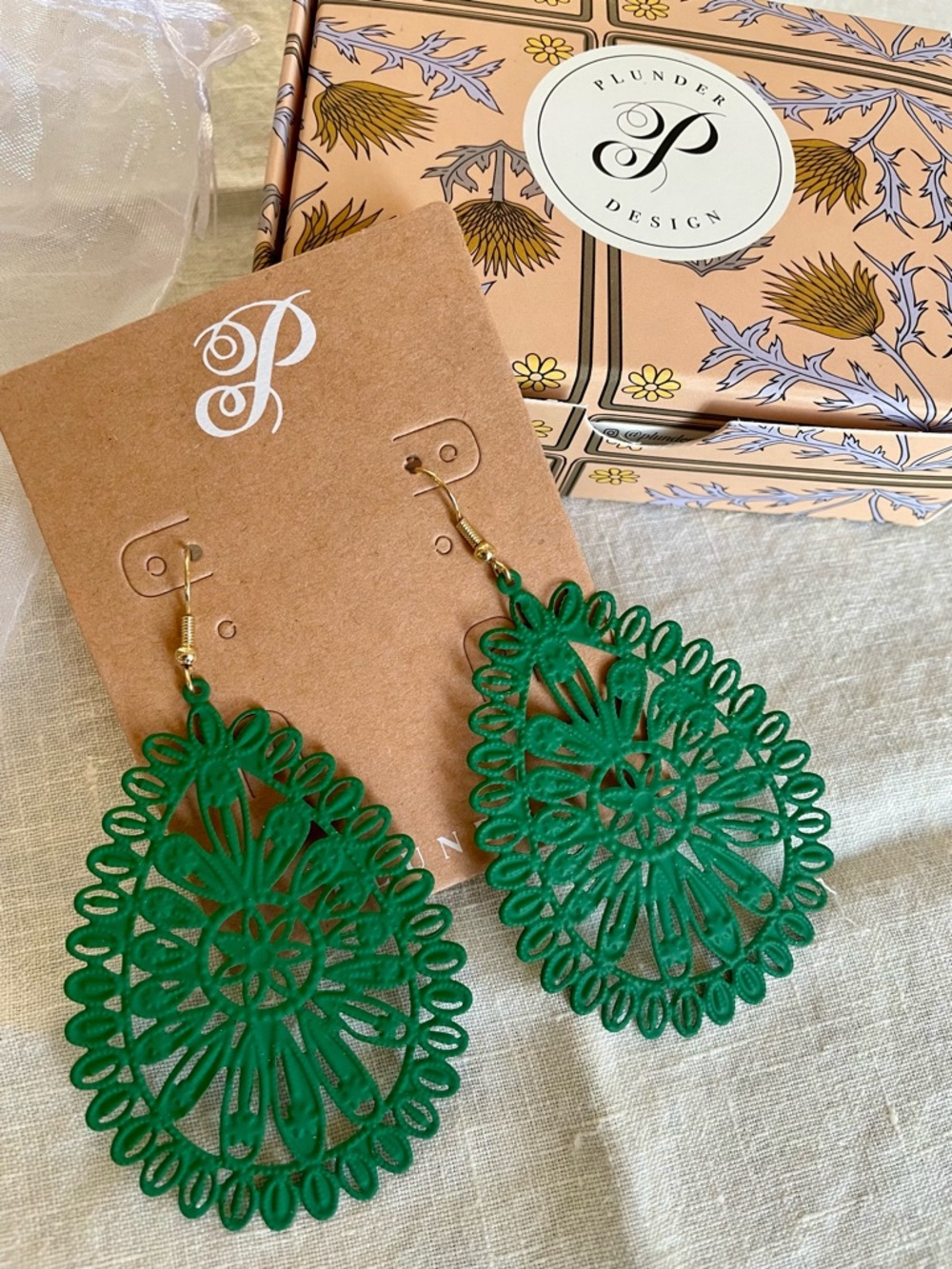 NIB Plunder Green Filigree Teardrop Earrings, Boho Style